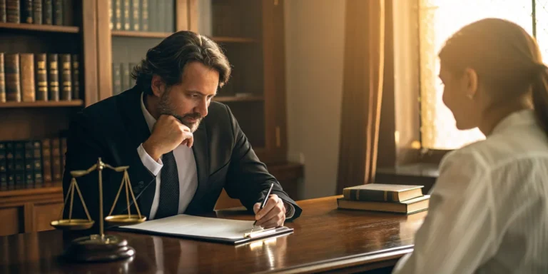 Personal injury attorney consults with client.