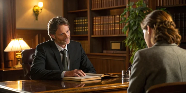 Auto injury lawyer discusses case with client.