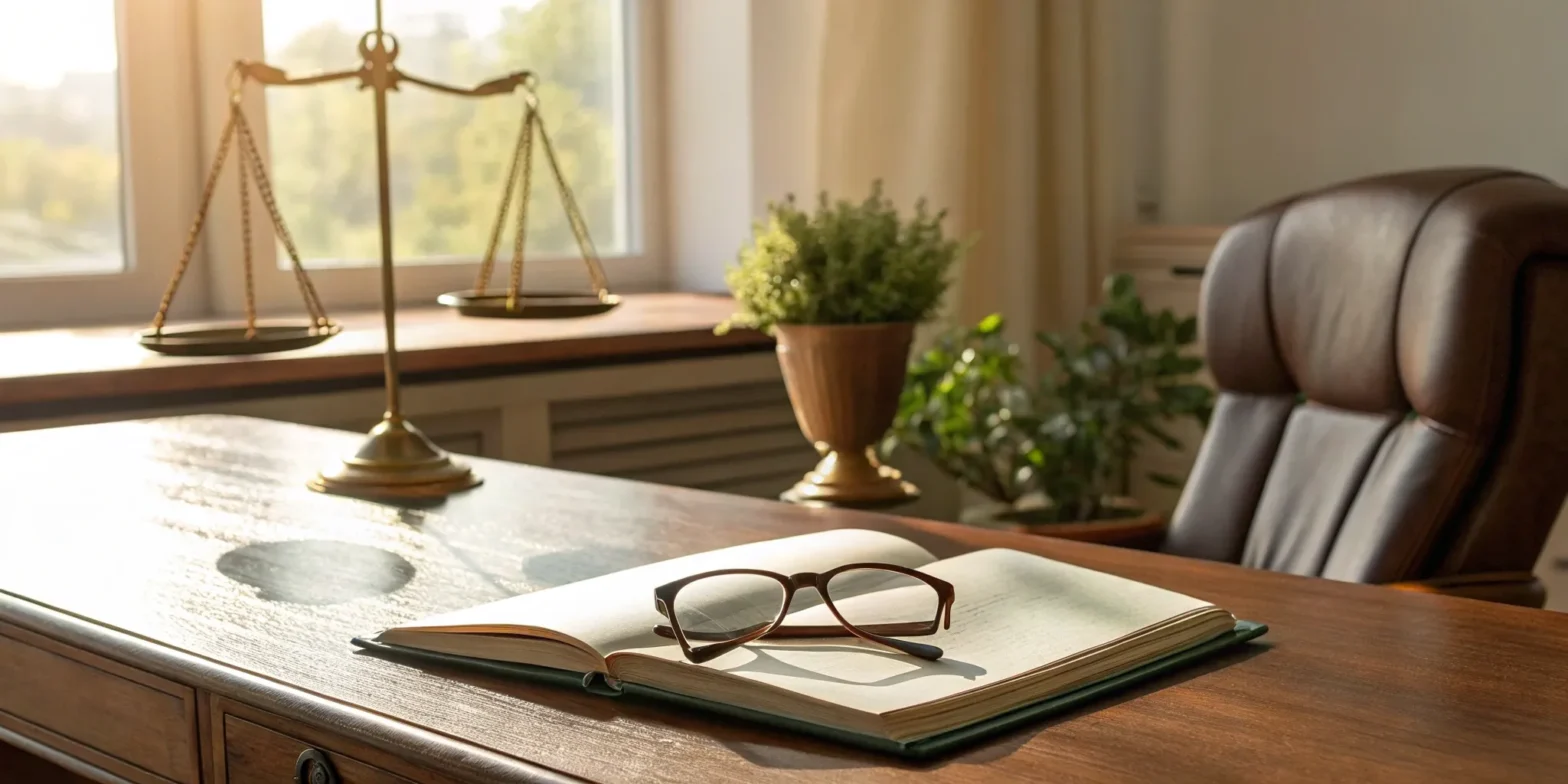 Springfield lawyer's desk with legal book and scales.