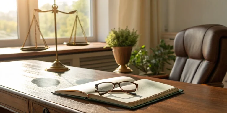 Springfield lawyer's desk with legal book and scales.