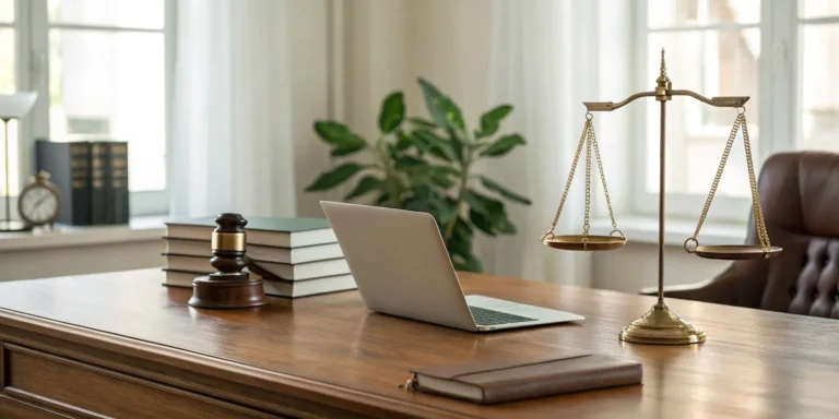 Debt collection attorney tools: Laptop, scales, and gavel.