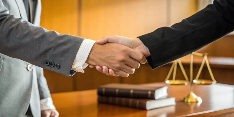 Personal injury attorney shaking hands with client.