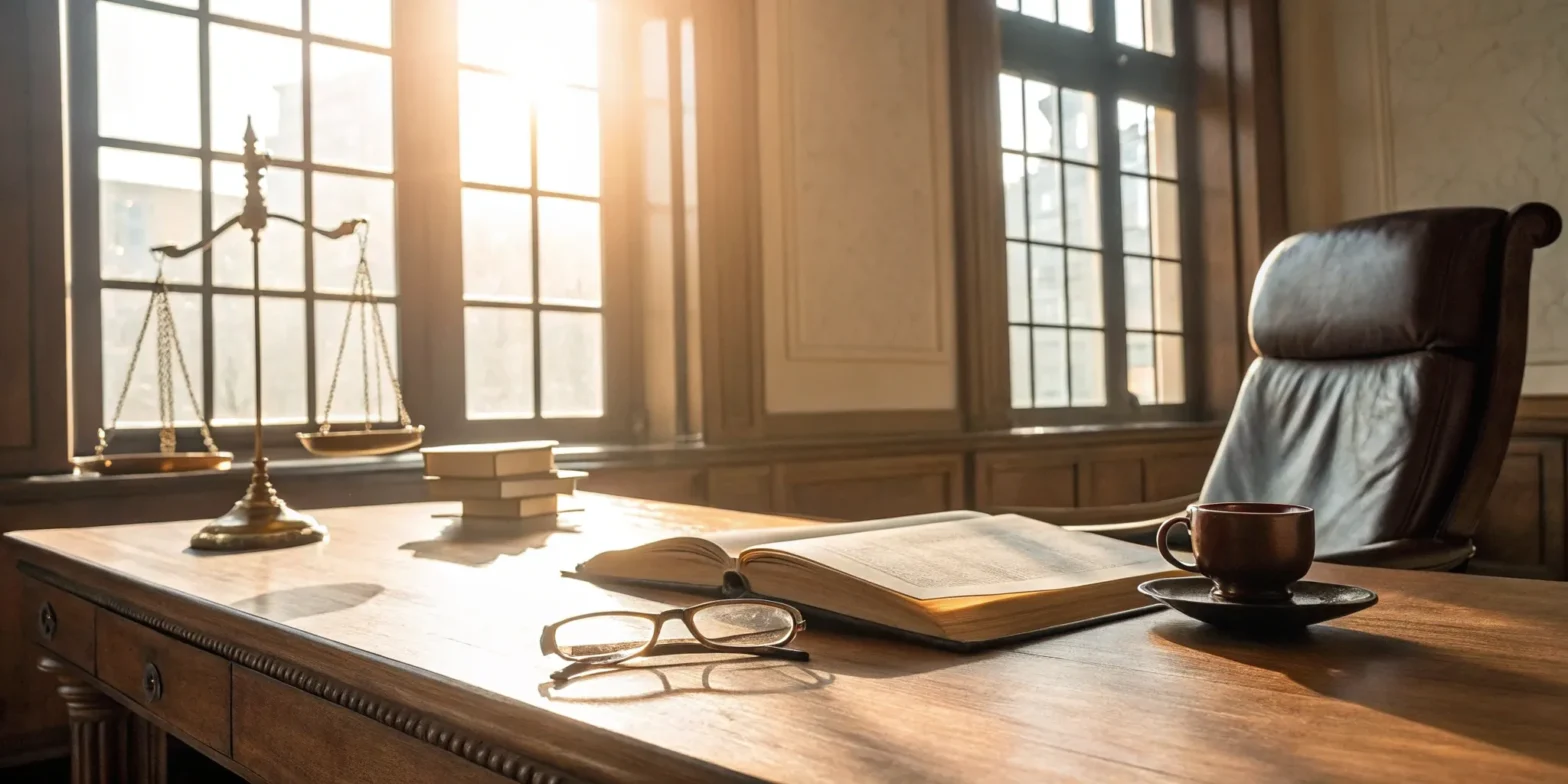 Scales of justice, law books, and coffee cup on desk.