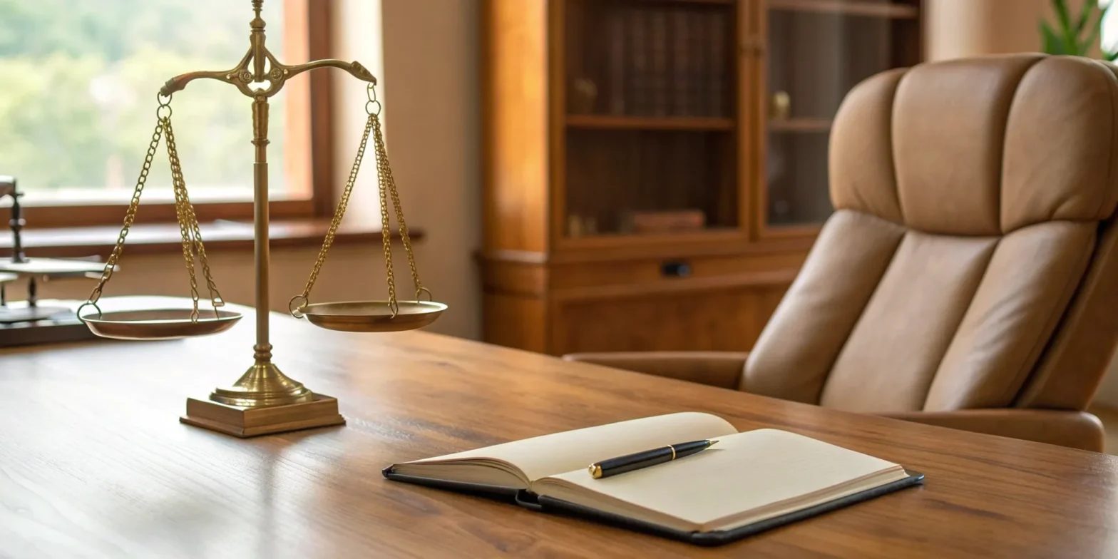 Springfield, MO lawyer's desk with scales of justice.