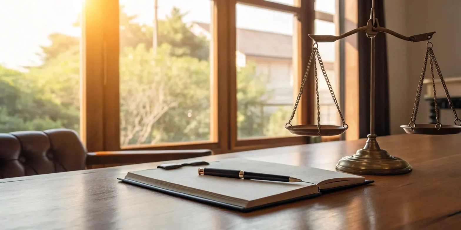 Free injury lawyer consultation: Scales of justice, notebook, and pen.