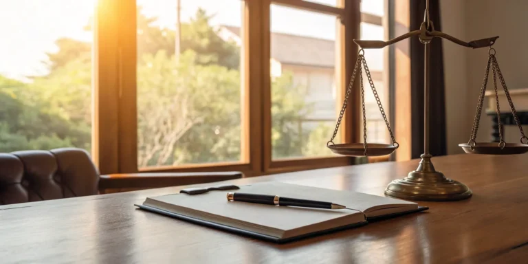 Free injury lawyer consultation: Scales of justice, notebook, and pen.