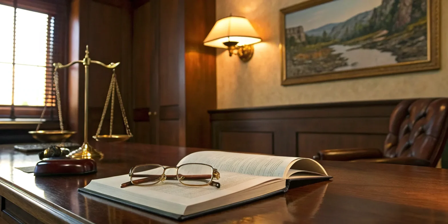 Springfield, MO personal injury lawyer desk with legal book & scales.
