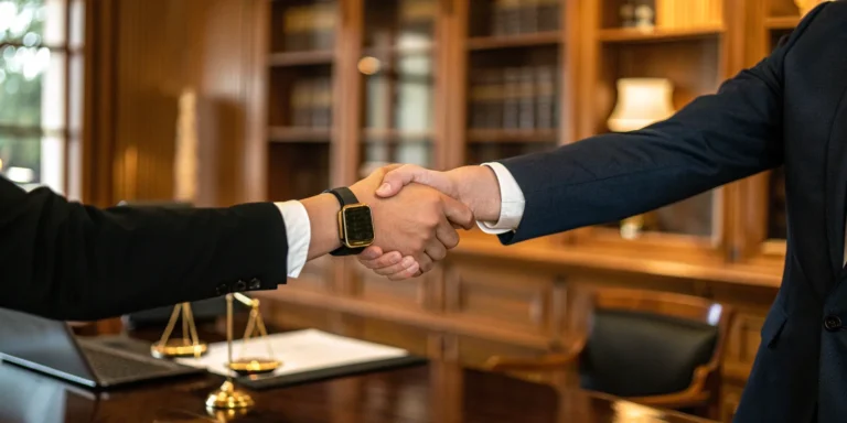 Top-rated personal injury attorney handshake.