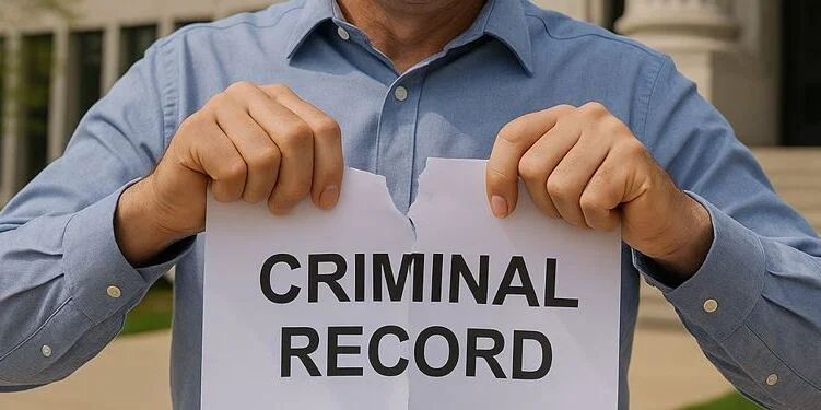 Man tearing a paper labeled “Criminal Record,” symbolizing a fresh start through expungement of past convictions in Missouri.