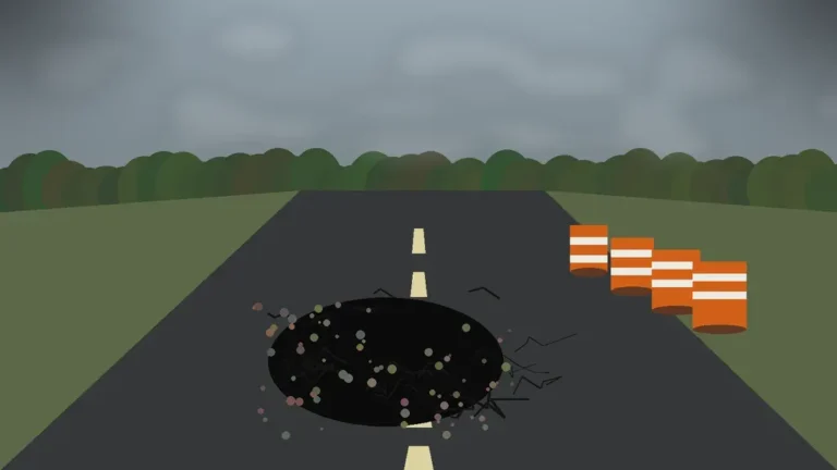 Damaged Missouri roadway with pothole and construction barrels after a poor road conditions car accident