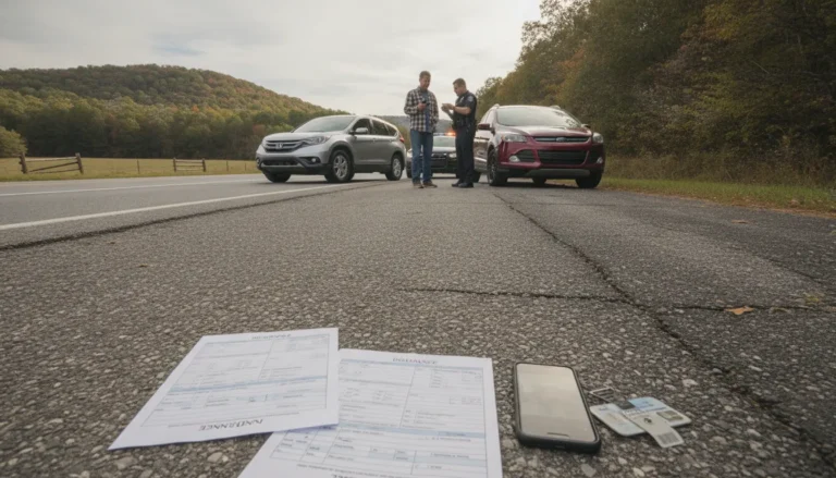 Driver documenting evidence after a car accident near Ozark, Missouri
