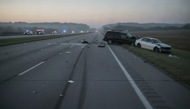 Car accident scene on a Missouri highway showing vehicle damage and emergency response