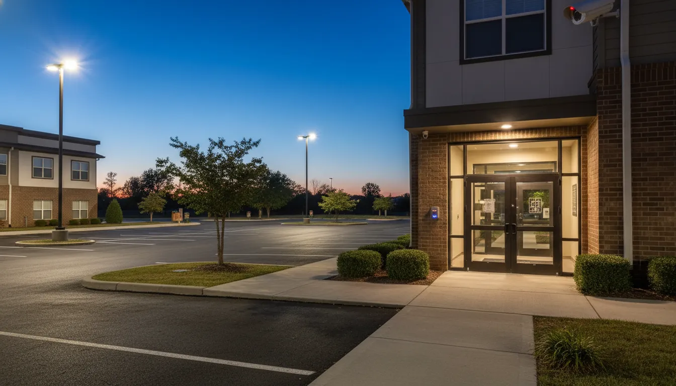 Well-lit apartment parking lot with a security camera in Springfield Missouri