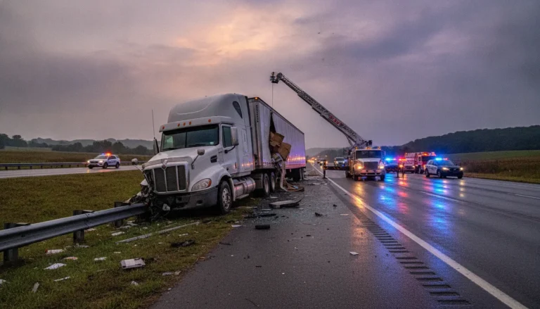 Commercial truck beside a Missouri highway after a collision