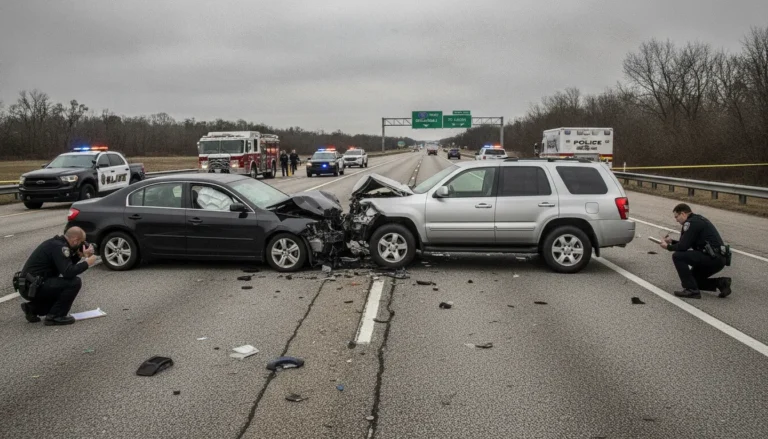 Two cars involved in a head-on collision on a highway with emergency vehicles responding