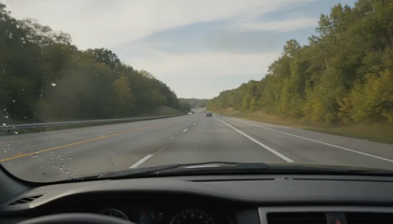 Car windshield view on Missouri highway showing driver wearing a seatbelt