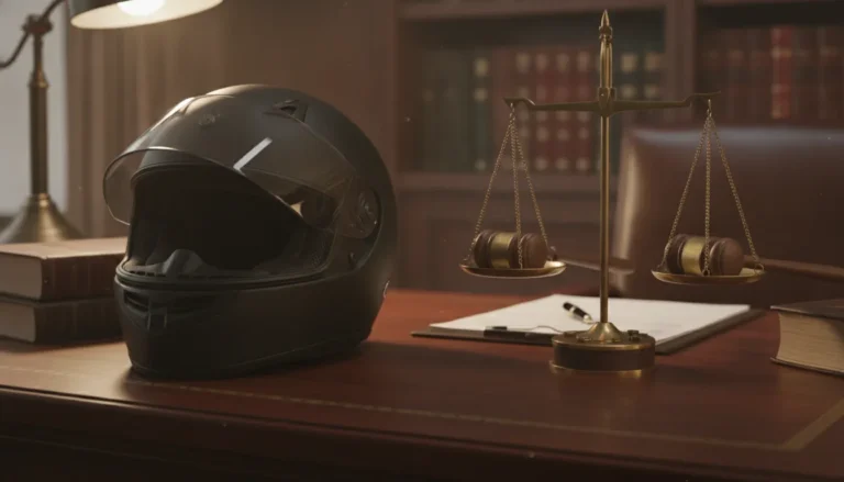 A motorcycle helmet and scales of justice on a lawyer's wooden desk