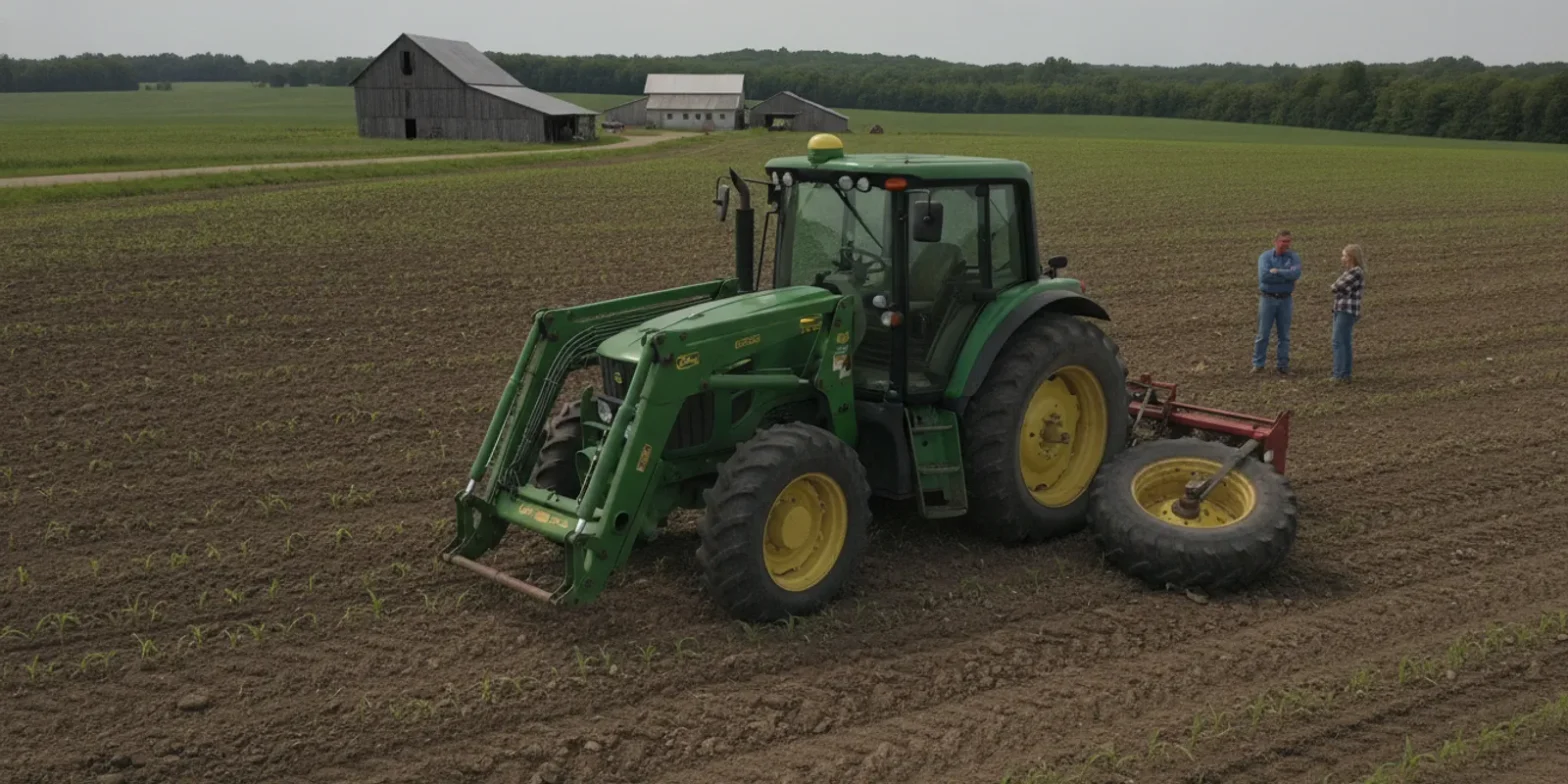 Farm worker examining a damaged tractor in a rural Missouri field